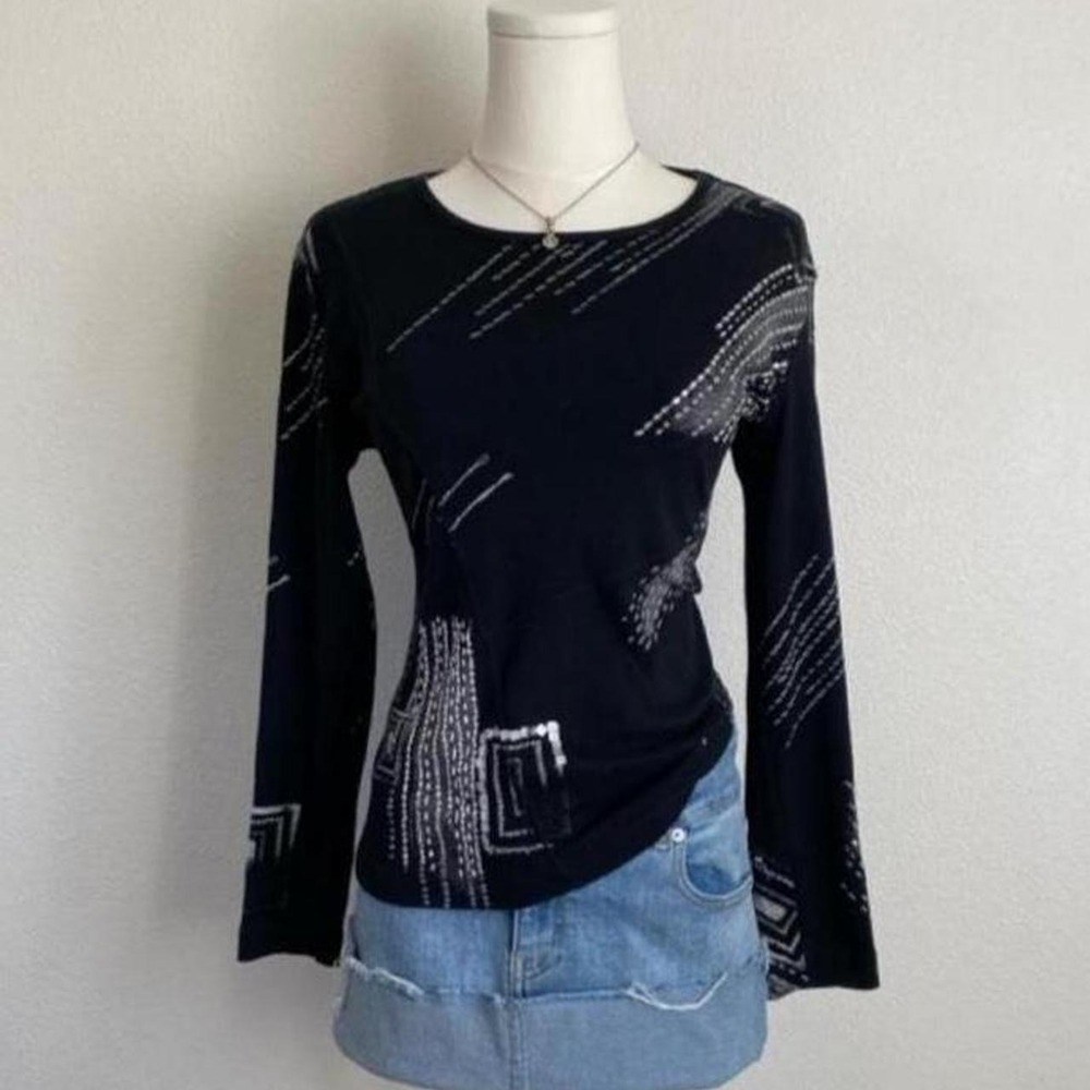 Vintage Chicos Geometric Abstract Sequin Long Sleeve Black Shirt